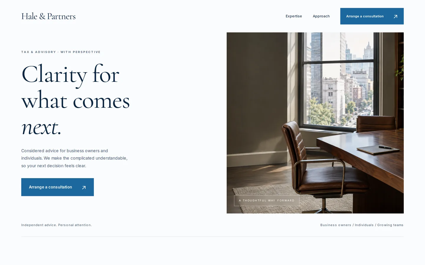 Concept website for an advisory firm: the serif headline Clarity for what comes next beside an office photo, with an arrange-a-consultation button.