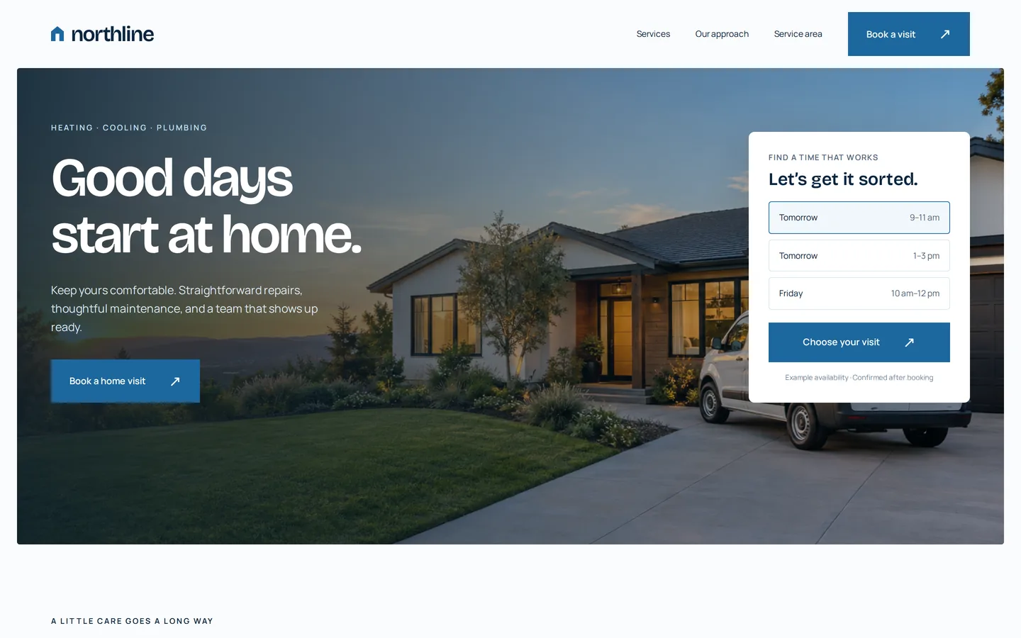 Concept website for a home-services company: the headline Good days start at home over a house at dusk, with a booking card showing three open times.
