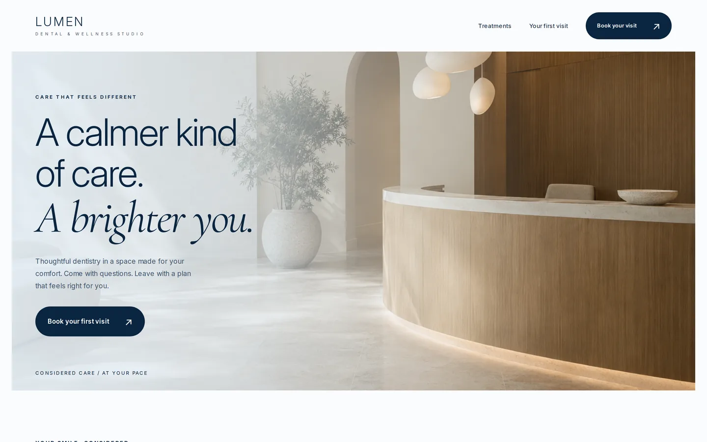 Concept website for a wellness studio: the headline A calmer kind of care over a limestone reception, with a book-your-first-visit button.